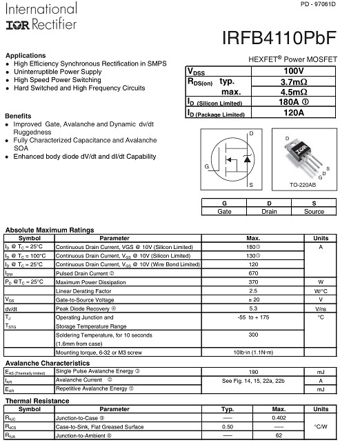 IRF4110,irfb4110參數(shù),IRF4110替代